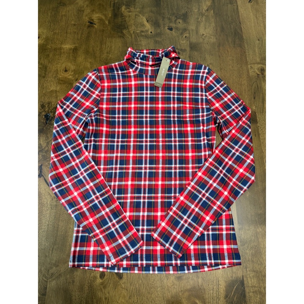 NWT Womens J. Crew tissue turtleneck red navy white plaid 100% cotton size M